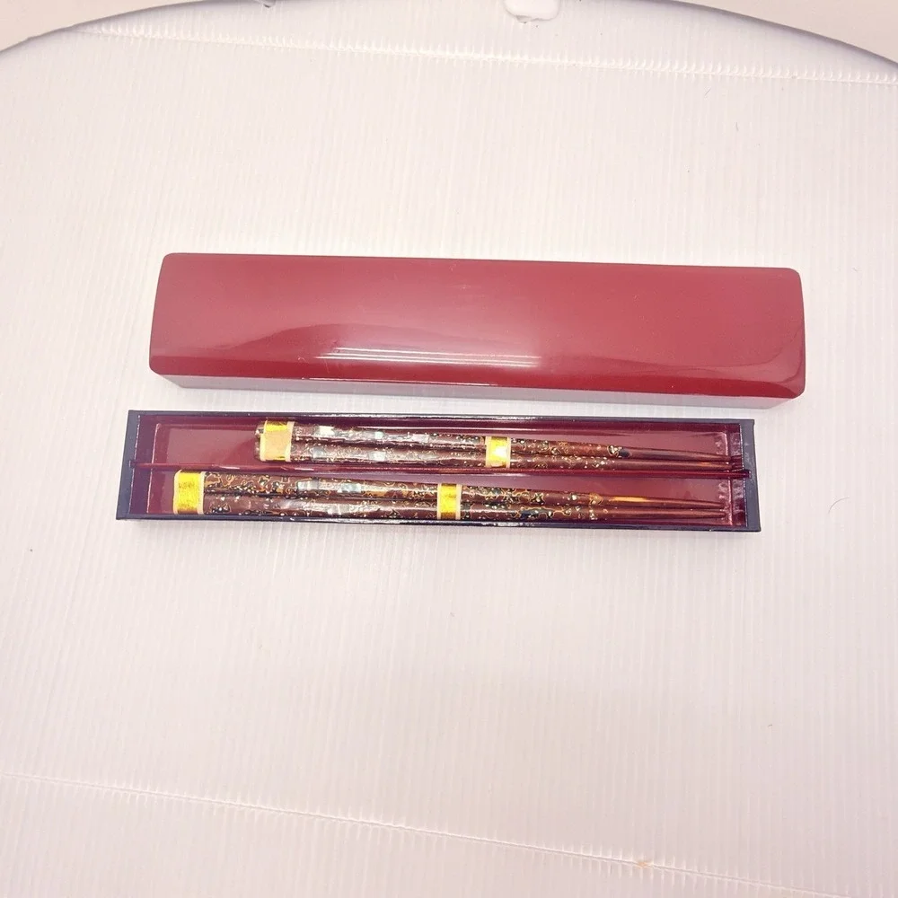 Vintage Japanese Lacquer Box Meoto Chopsticks Raden Inlay Postwar Gift Set